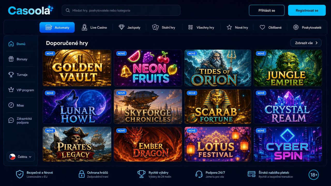 Náhled webové stránky online kasina Casoola