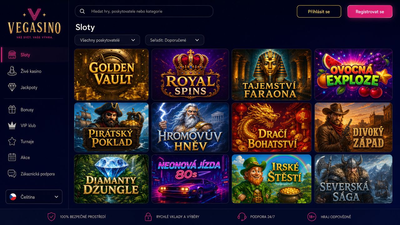 Domovská stránka a herní nabídka online casina Vegasino